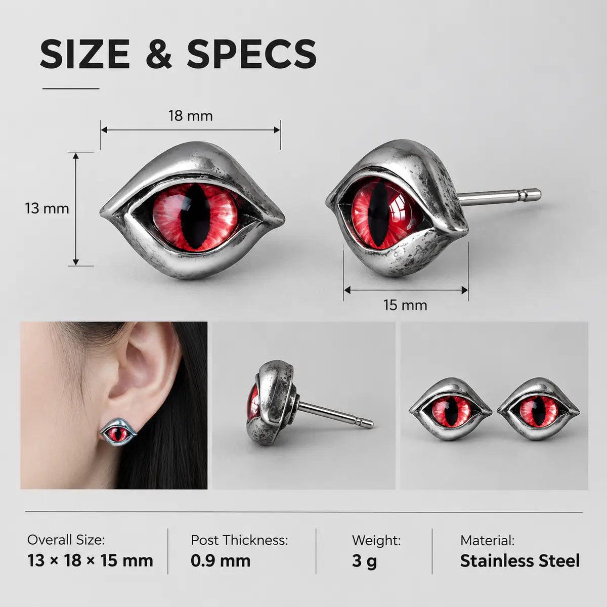 Red Dragon Eye Stud Earrings, Vintage Gothic Punk Reptile Eye Earrings, Edgy Alternative Statement Jewelry - product image
