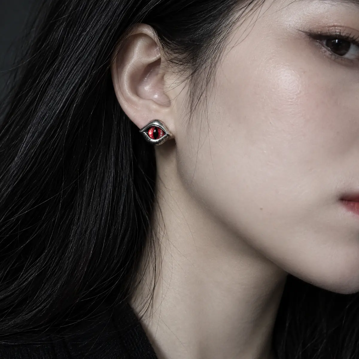 Red Dragon Eye Stud Earrings, Vintage Gothic Punk Reptile Eye Earrings, Edgy Alternative Statement Jewelry - wearing view