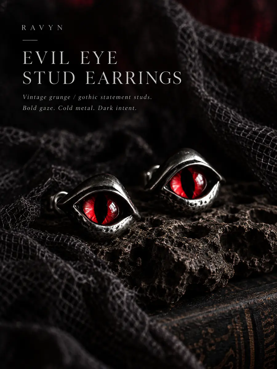 Red Dragon Eye Stud Earrings, Vintage Gothic Punk Reptile Eye Earrings, Edgy Alternative Statement Jewelry - product image