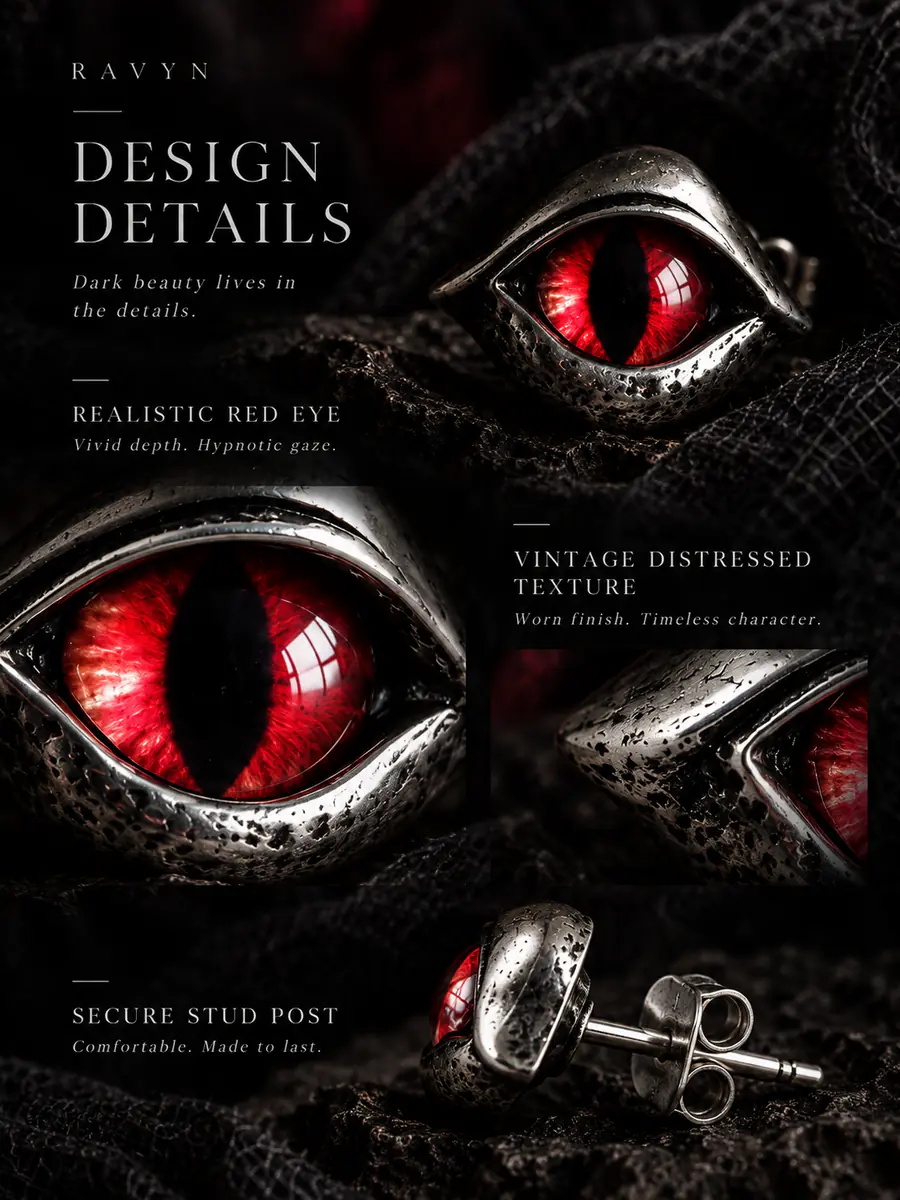 Red Dragon Eye Stud Earrings, Vintage Gothic Punk Reptile Eye Earrings, Edgy Alternative Statement Jewelry - product image