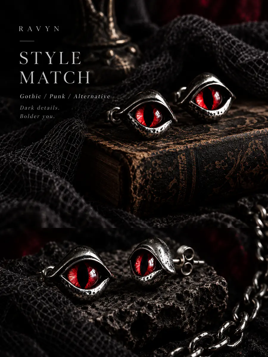 Red Dragon Eye Stud Earrings, Vintage Gothic Punk Reptile Eye Earrings, Edgy Alternative Statement Jewelry - product image