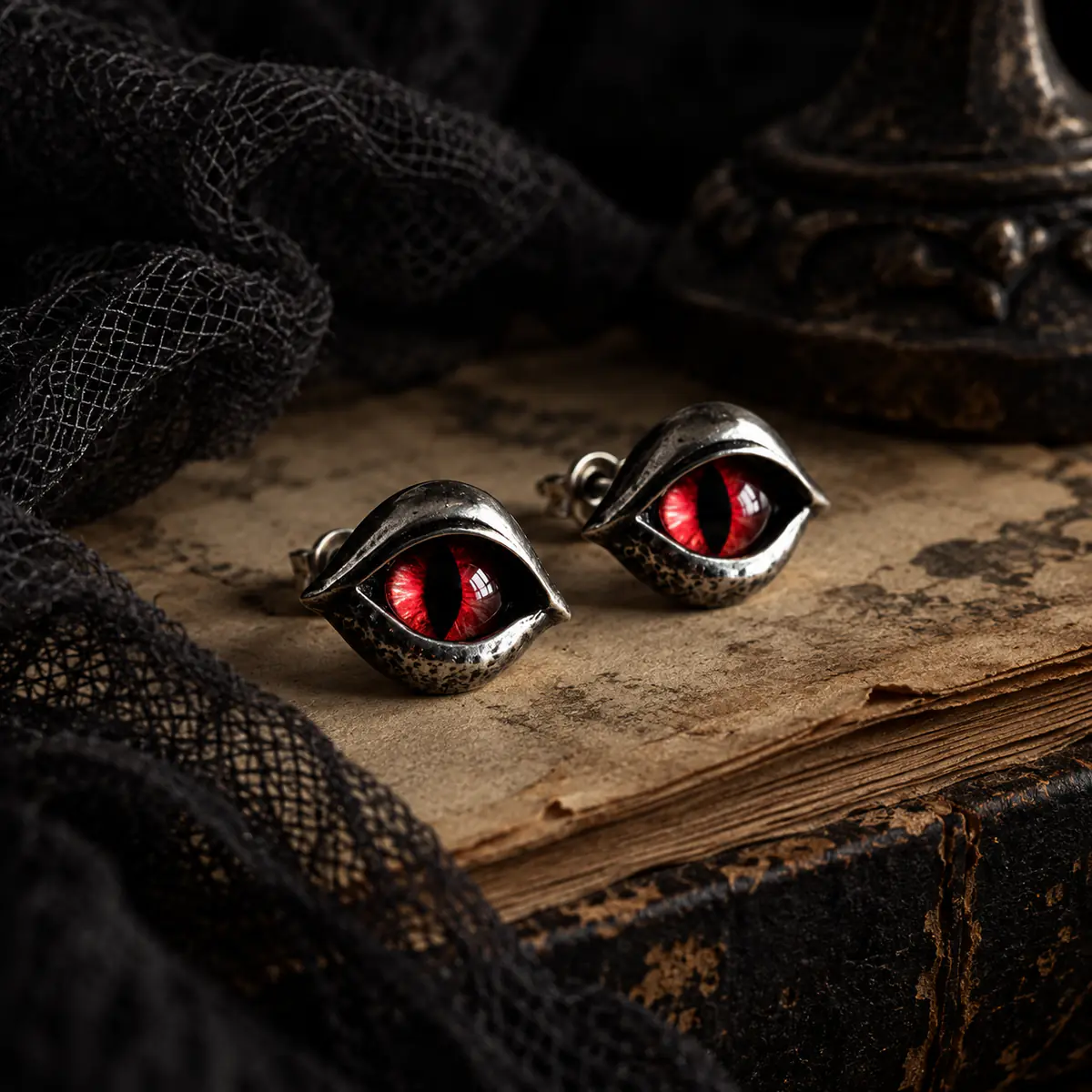 Red Dragon Eye Stud Earrings, Vintage Gothic Punk Reptile Eye Earrings, Edgy Alternative Statement Jewelry - product image