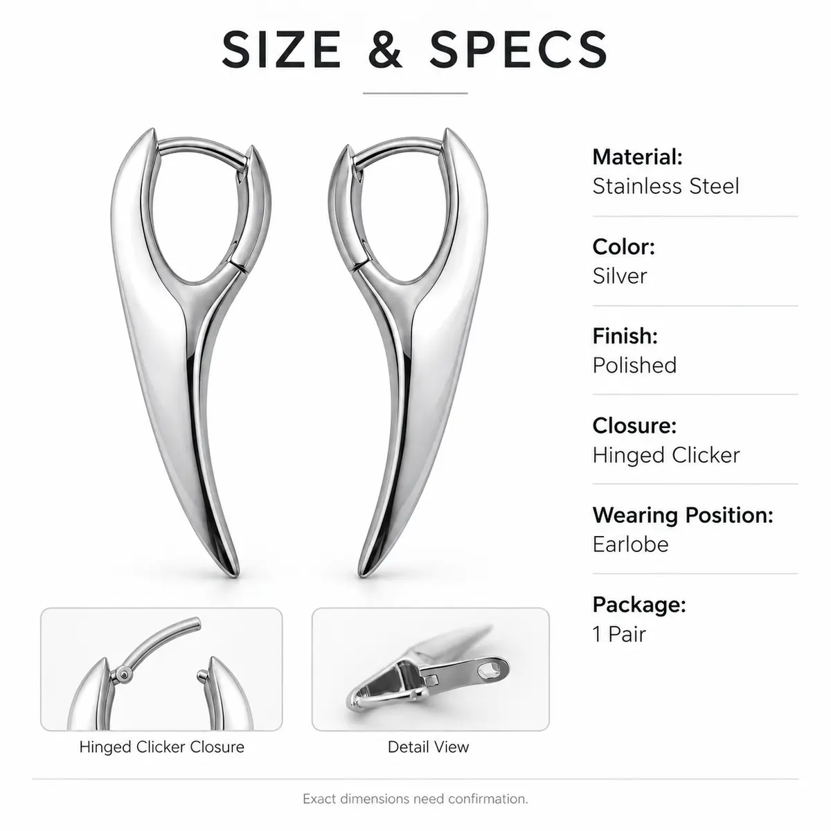 Minimalist Curved Fang Hoop Earring, Sleek Spike Drop Hoop, Futuristic Gothic Statement Jewelry - product image