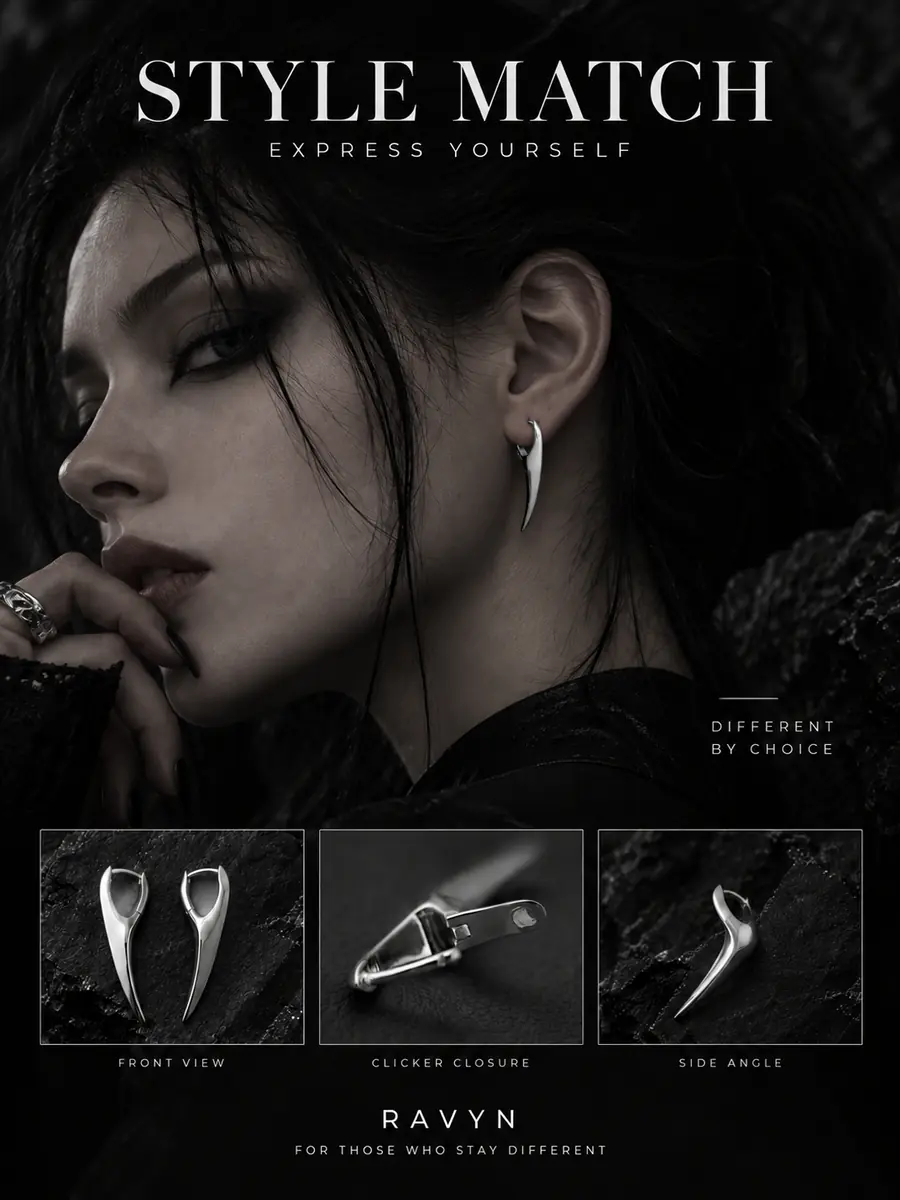 Minimalist Curved Fang Hoop Earring, Sleek Spike Drop Hoop, Futuristic Gothic Statement Jewelry - product image