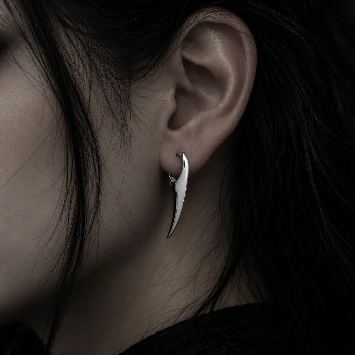 Minimalist Curved Fang Hoop Earring, Sleek Spike Drop Hoop, Futuristic Gothic Statement Jewelry - wearing view