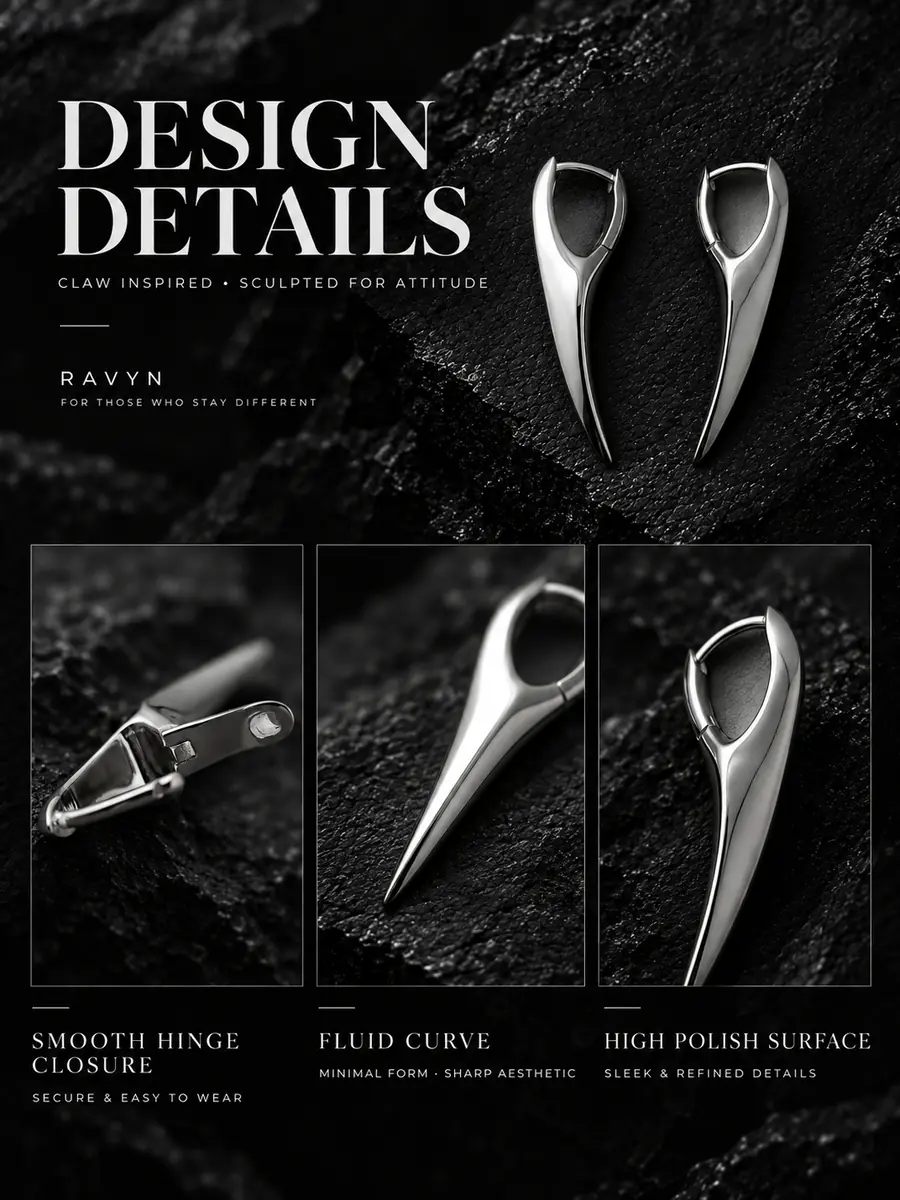 Minimalist Curved Fang Hoop Earring, Sleek Spike Drop Hoop, Futuristic Gothic Statement Jewelry - product image