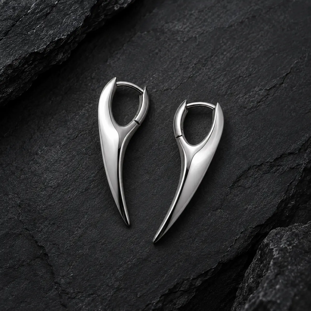 Minimalist Curved Fang Hoop Earring, Sleek Spike Drop Hoop, Futuristic Gothic Statement Jewelry - product image