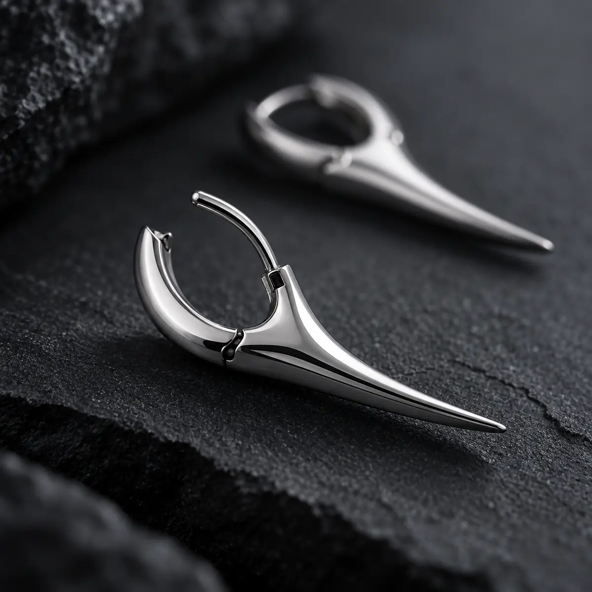 Minimalist Curved Fang Hoop Earring, Sleek Spike Drop Hoop, Futuristic Gothic Statement Jewelry - product image