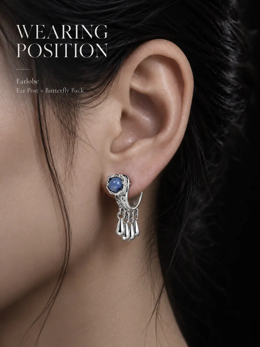 Vintage Blue Stone Ear Jacket Earrings, Tassel Drop Stud Earrings, Boho Gothic Statement Jewelry for Women - product image