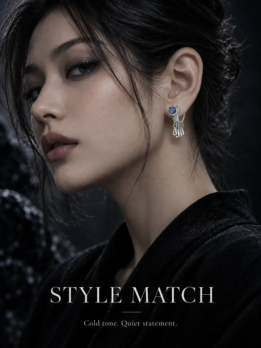 Vintage Blue Stone Ear Jacket Earrings, Tassel Drop Stud Earrings, Boho Gothic Statement Jewelry for Women - product image