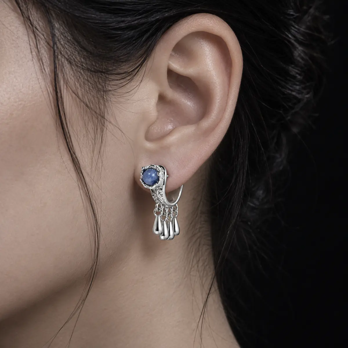Vintage Blue Stone Ear Jacket Earrings, Tassel Drop Stud Earrings, Boho Gothic Statement Jewelry for Women - wearing view
