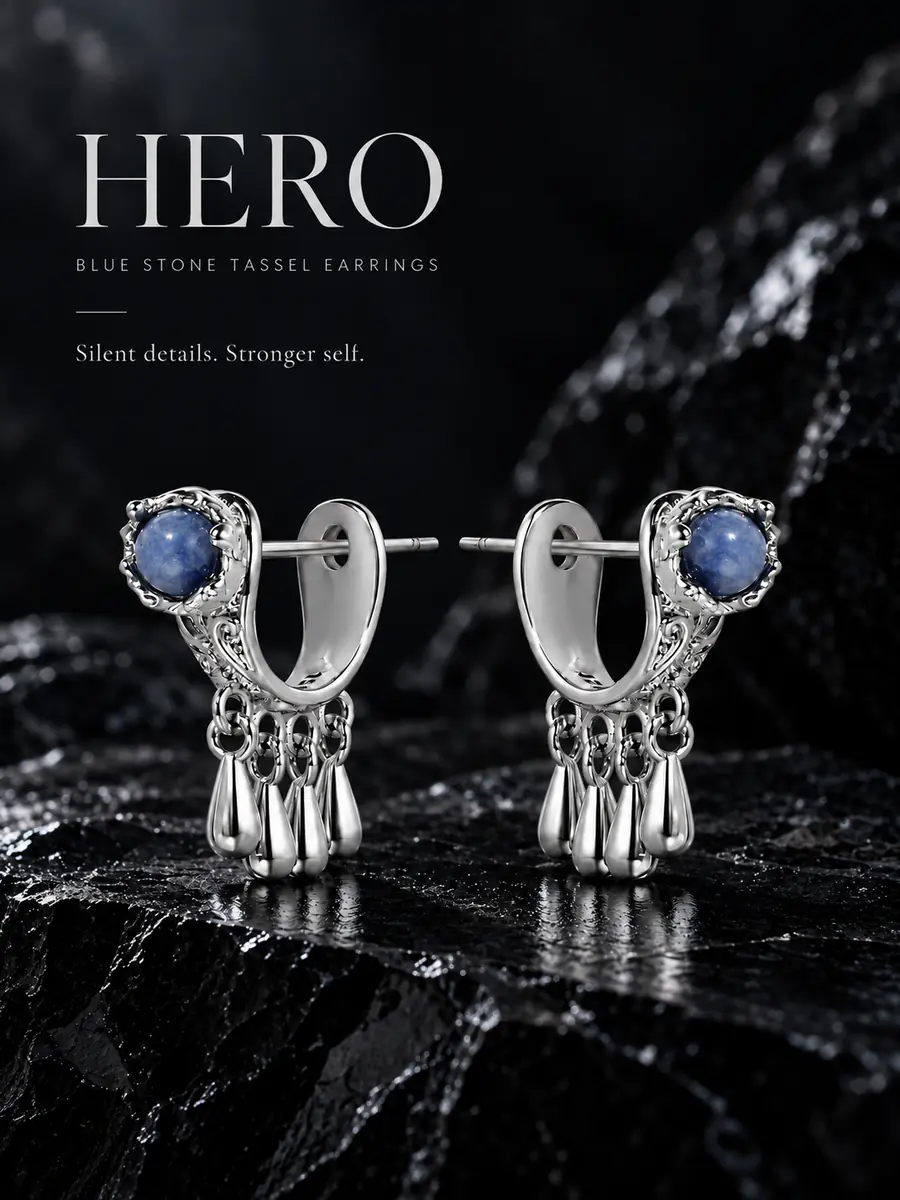 Vintage Blue Stone Ear Jacket Earrings, Tassel Drop Stud Earrings, Boho Gothic Statement Jewelry for Women - product image