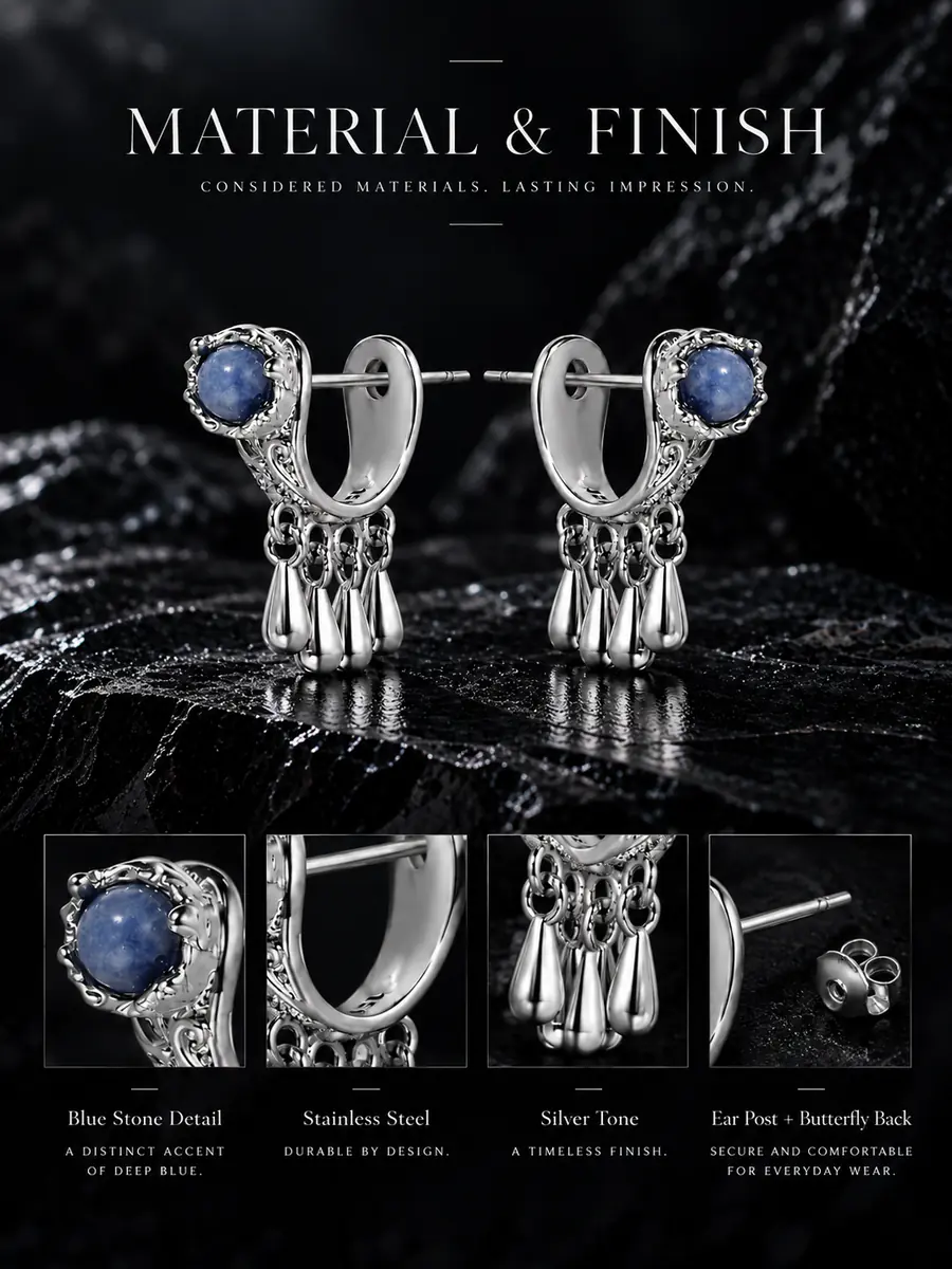Vintage Blue Stone Ear Jacket Earrings, Tassel Drop Stud Earrings, Boho Gothic Statement Jewelry for Women - product image