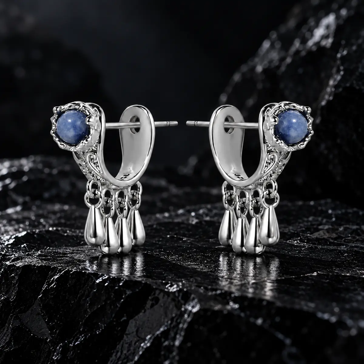 Vintage Blue Stone Ear Jacket Earrings, Tassel Drop Stud Earrings, Boho Gothic Statement Jewelry for Women - product image