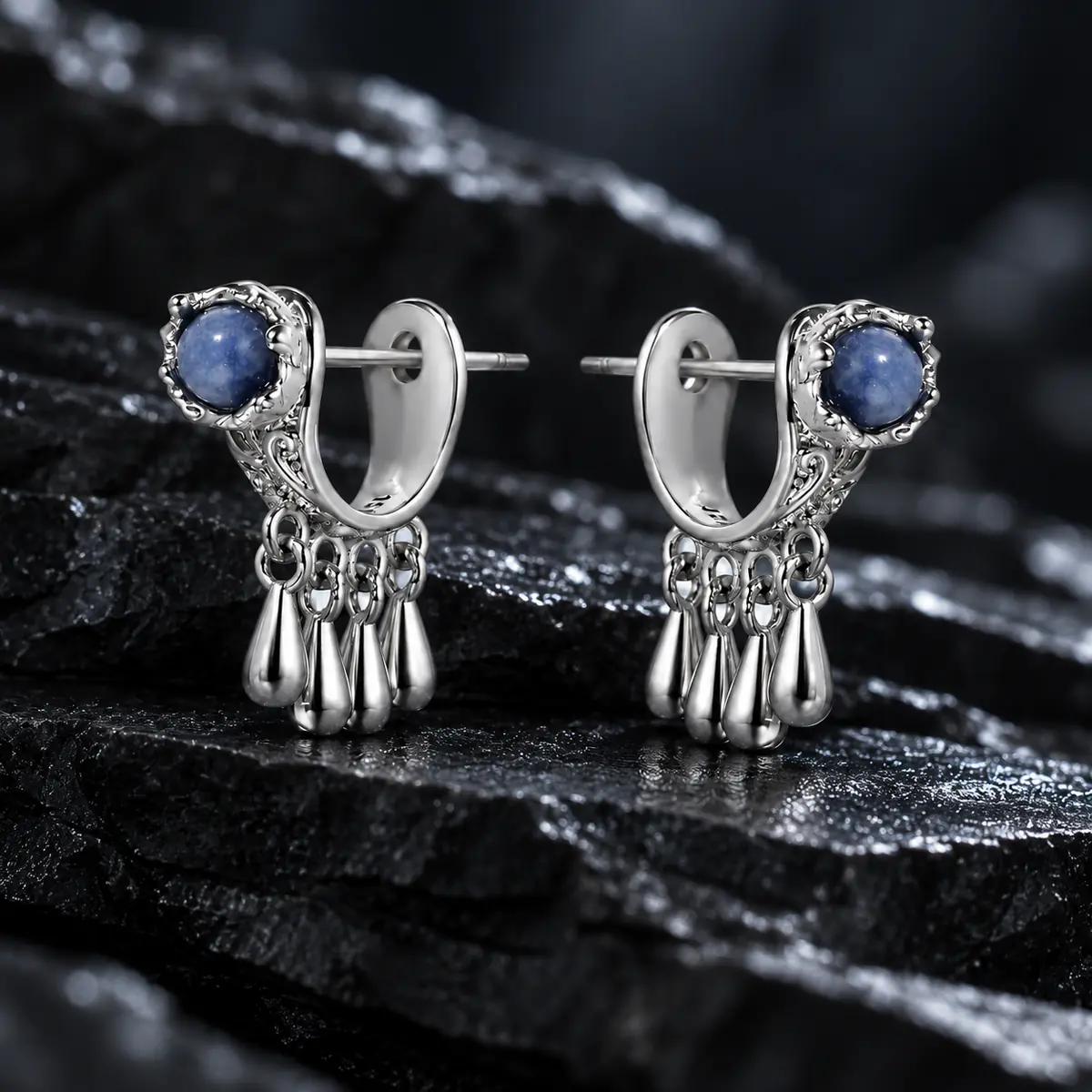 Vintage Blue Stone Ear Jacket Earrings, Tassel Drop Stud Earrings, Boho Gothic Statement Jewelry for Women - product image