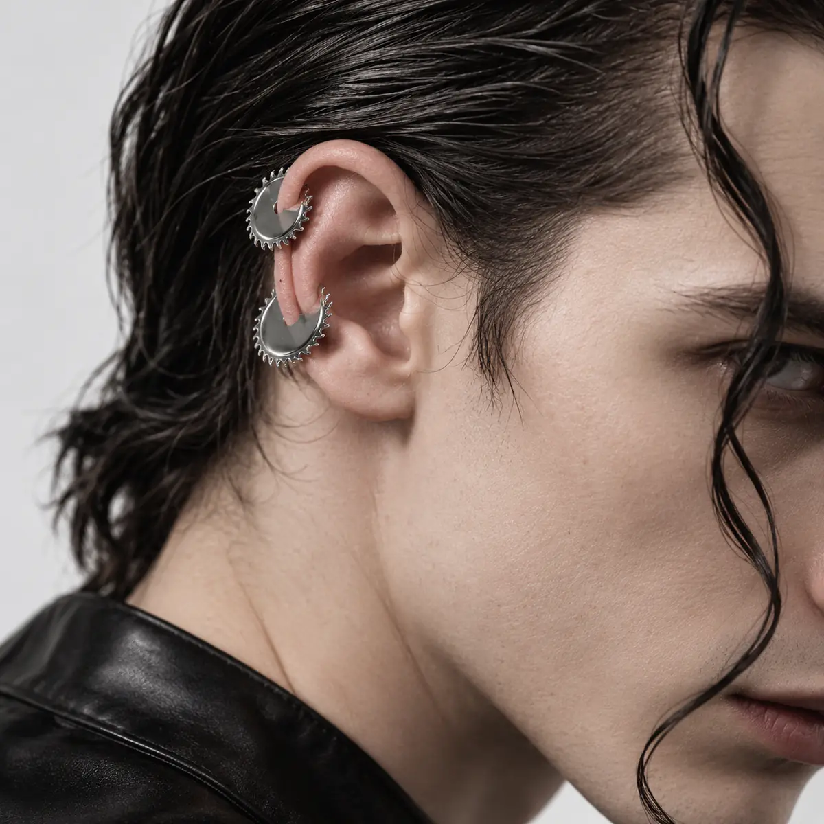 Circular Saw Blade Ear Cuff, No Piercing Punk Ear Clip, Industrial Gothic Statement Jewelry for Women & Men - wearing view
