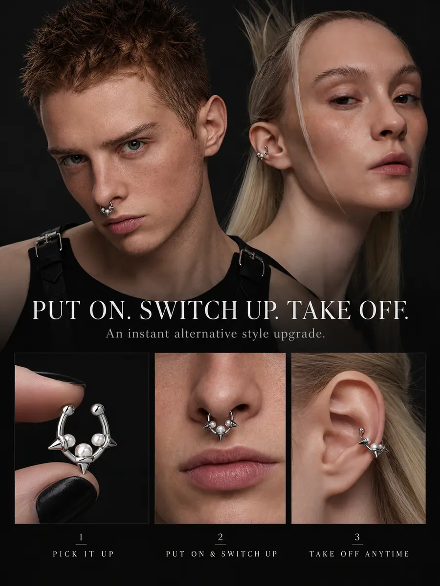 Pearl Spike Septum Ring & Ear Cuff, Punk Rivet Nose Ring, Unisex Edgy Alternative Jewelry - product image