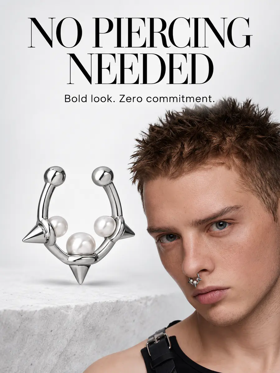 Pearl Spike Septum Ring & Ear Cuff, Punk Rivet Nose Ring, Unisex Edgy Alternative Jewelry - product image