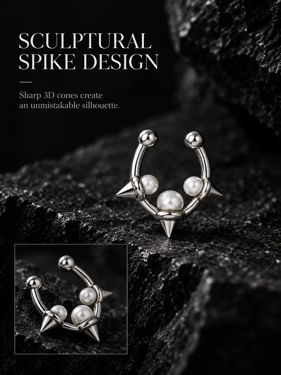 Pearl Spike Septum Ring & Ear Cuff, Punk Rivet Nose Ring, Unisex Edgy Alternative Jewelry - product image
