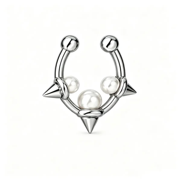 Pearl Spike Septum Ring & Ear Cuff, Punk Rivet Nose Ring, Unisex Edgy Alternative Jewelry