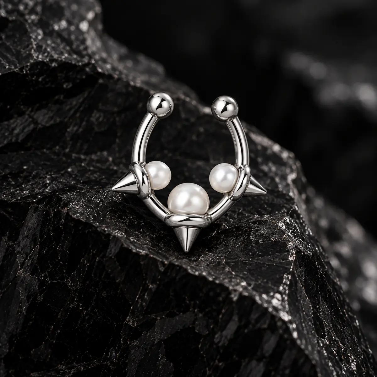 Pearl Spike Septum Ring & Ear Cuff, Punk Rivet Nose Ring, Unisex Edgy Alternative Jewelry - product image