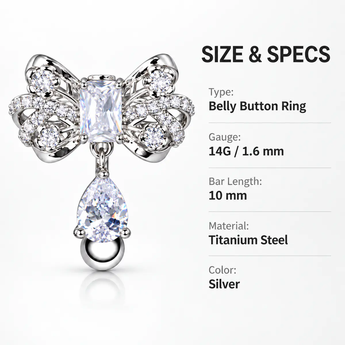 Reverse Bow Belly Button Ring, CZ Teardrop Dangle Navel Ring, External Thread Y2K Piercing Jewelry for Women - product image
