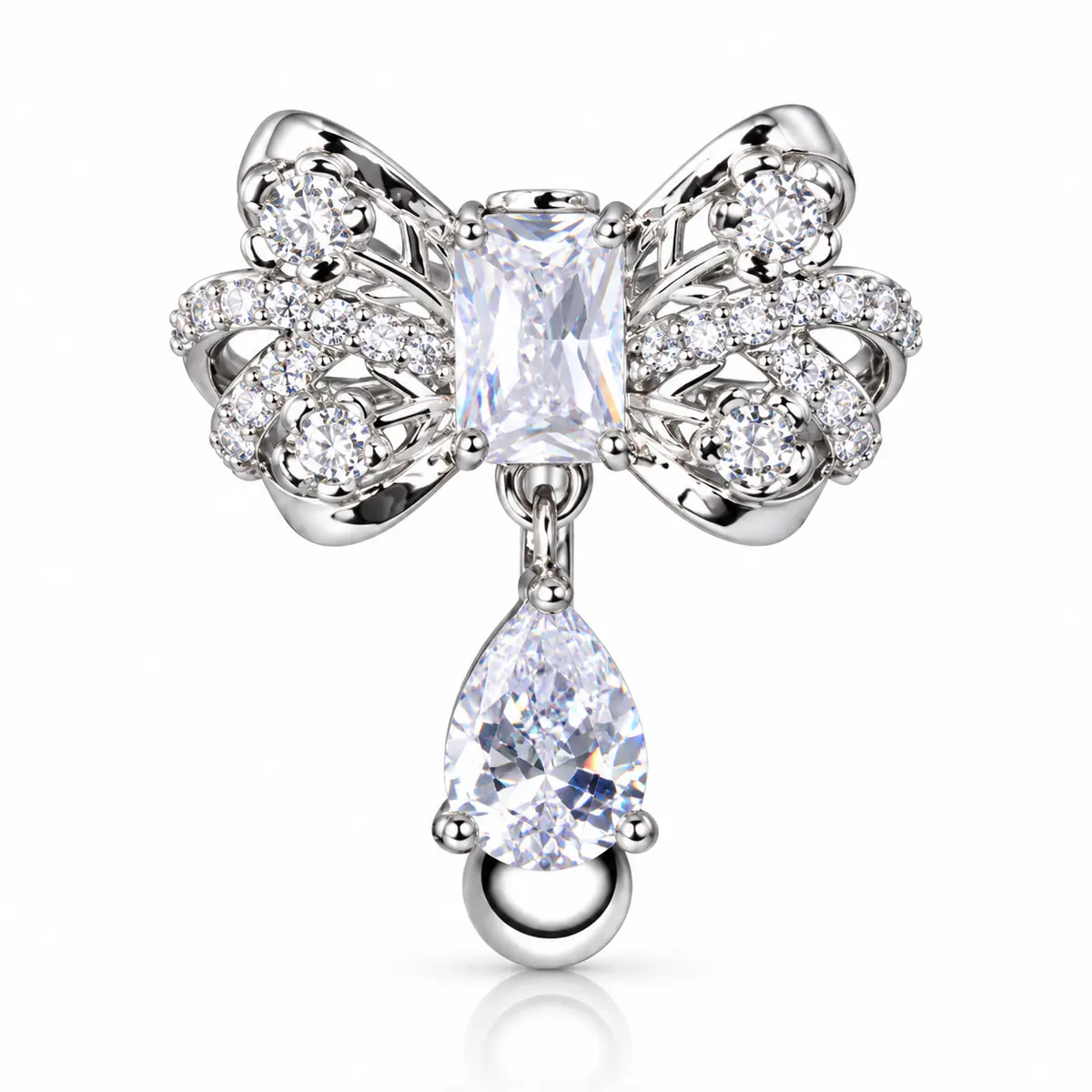 Reverse Bow Belly Button Ring, CZ Teardrop Dangle Navel Ring, External Thread Y2K Piercing Jewelry for Women - 1_pcs