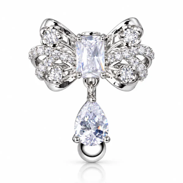 Reverse Bow Belly Button Ring, CZ Teardrop Dangle Navel Ring, External Thread Y2K Piercing Jewelry for Women
