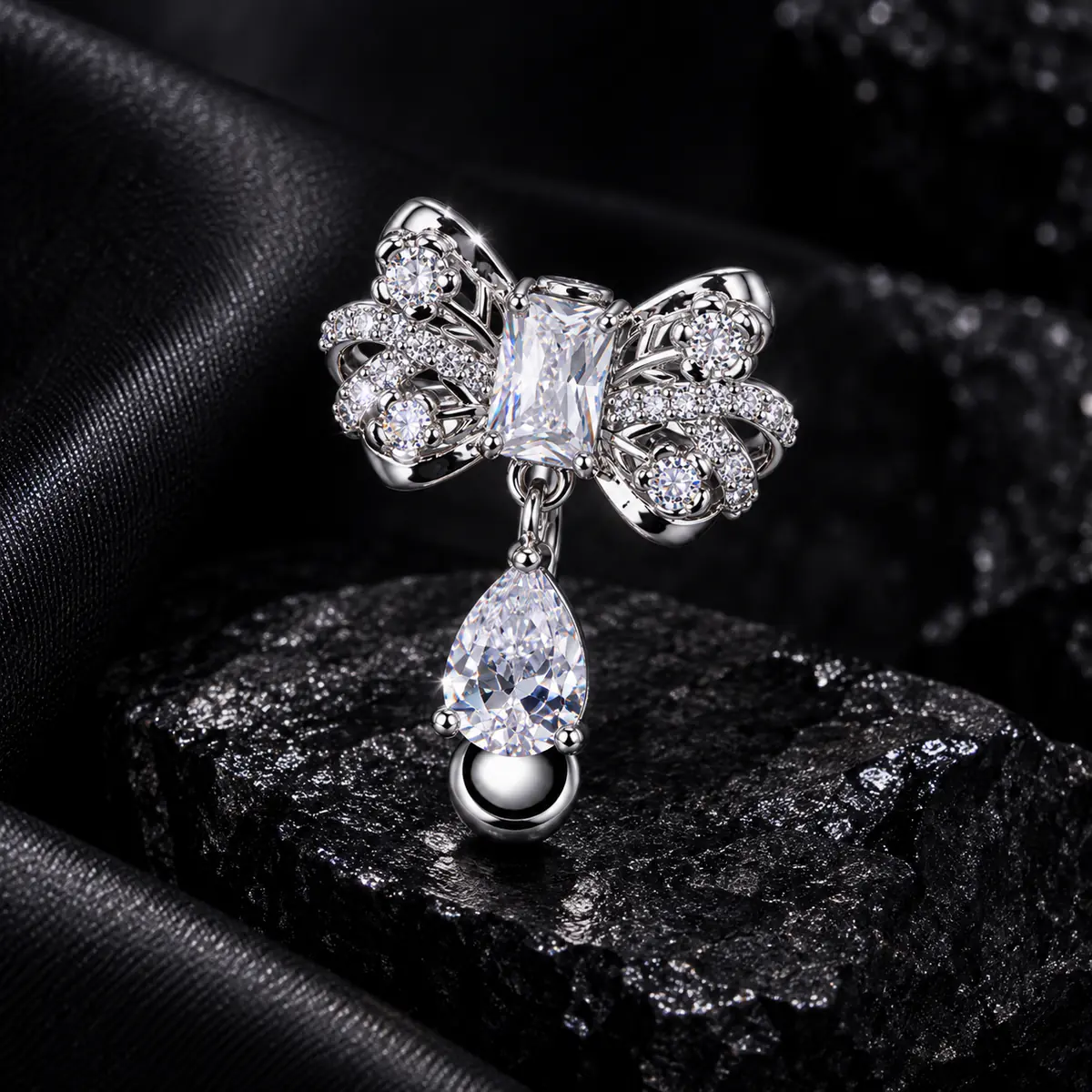 Reverse Bow Belly Button Ring, CZ Teardrop Dangle Navel Ring, External Thread Y2K Piercing Jewelry for Women - product image
