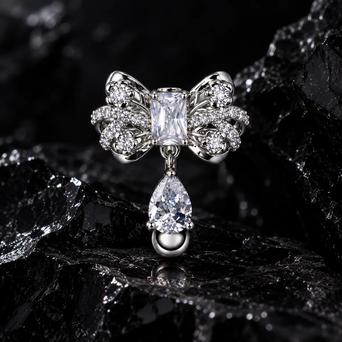 Reverse Bow Belly Button Ring, CZ Teardrop Dangle Navel Ring, External Thread Y2K Piercing Jewelry for Women - product image
