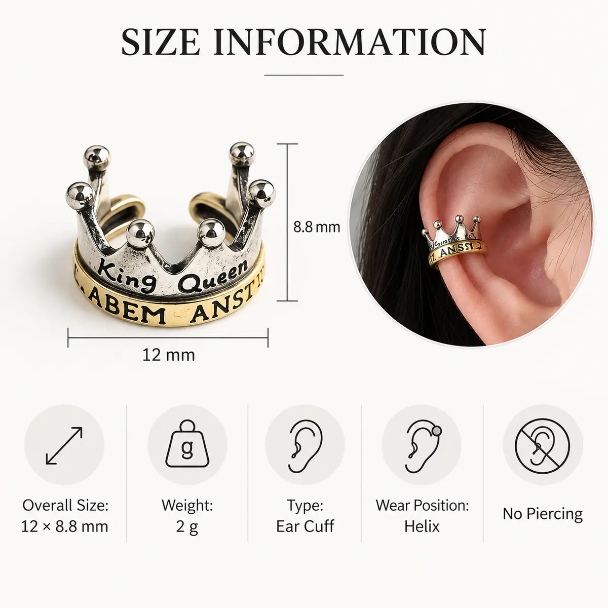 Crown Ear Cuff, No Piercing Royal Cartilage Clip, Minimalist Punk Statement Ear Jewelry - product image