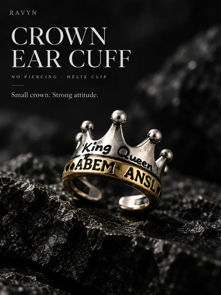 Crown Ear Cuff, No Piercing Royal Cartilage Clip, Minimalist Punk Statement Ear Jewelry - product image