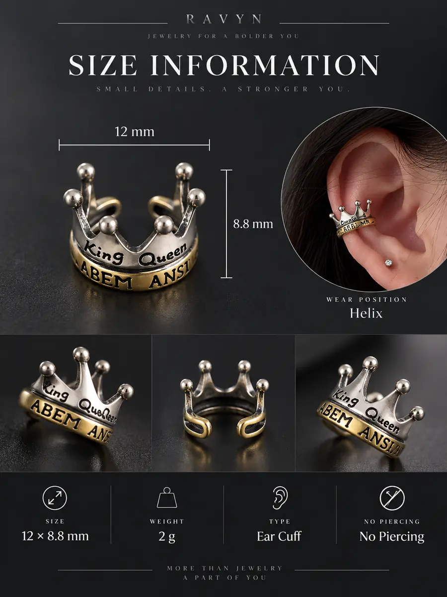Crown Ear Cuff, No Piercing Royal Cartilage Clip, Minimalist Punk Statement Ear Jewelry - product image