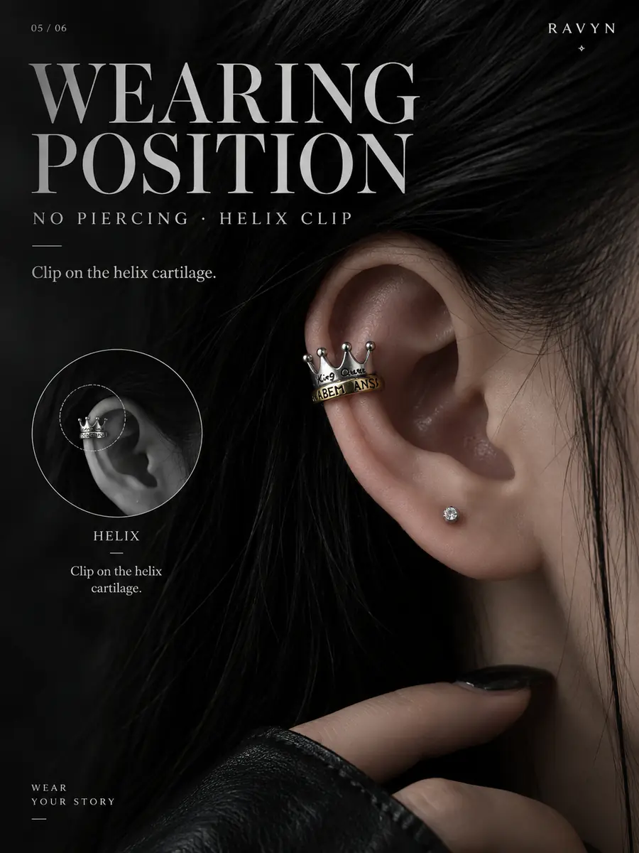 Crown Ear Cuff, No Piercing Royal Cartilage Clip, Minimalist Punk Statement Ear Jewelry - product image