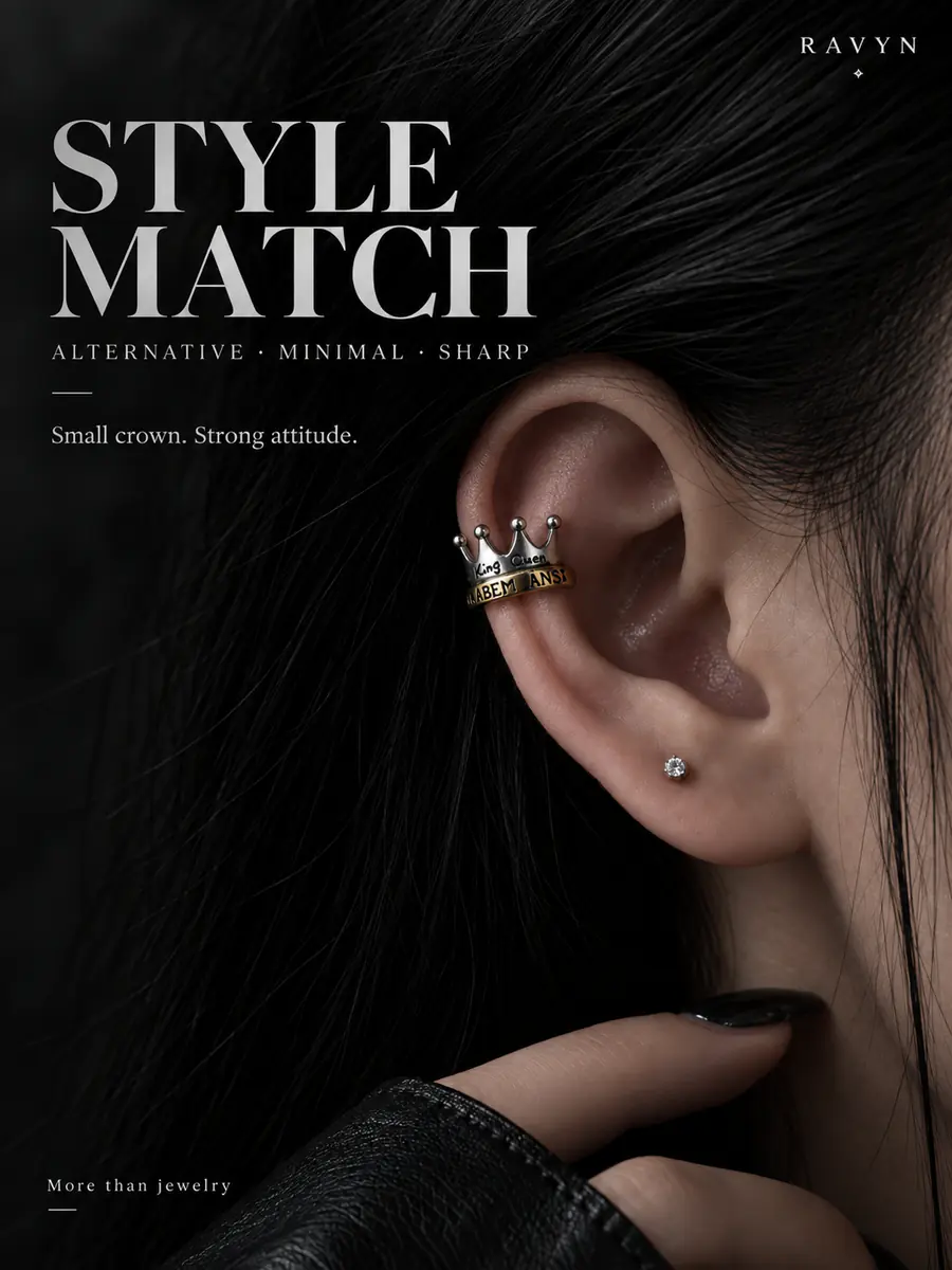 Crown Ear Cuff, No Piercing Royal Cartilage Clip, Minimalist Punk Statement Ear Jewelry - product image