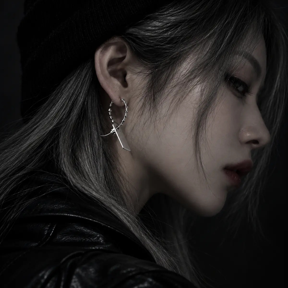 Industrial Punk Safety Pin Tag Earrings, Asymmetrical ID Tag Dangle Earrings, Edgy Alternative Y2K Jewelry - wearing view