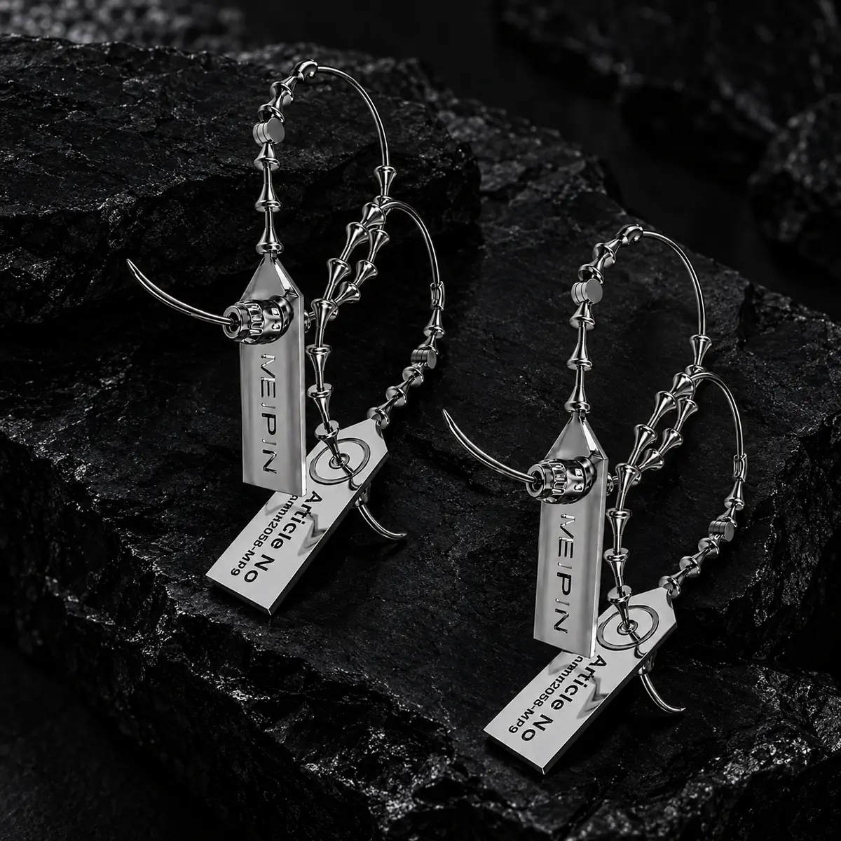 Industrial Punk Safety Pin Tag Earrings, Asymmetrical ID Tag Dangle Earrings, Edgy Alternative Y2K Jewelry - product image