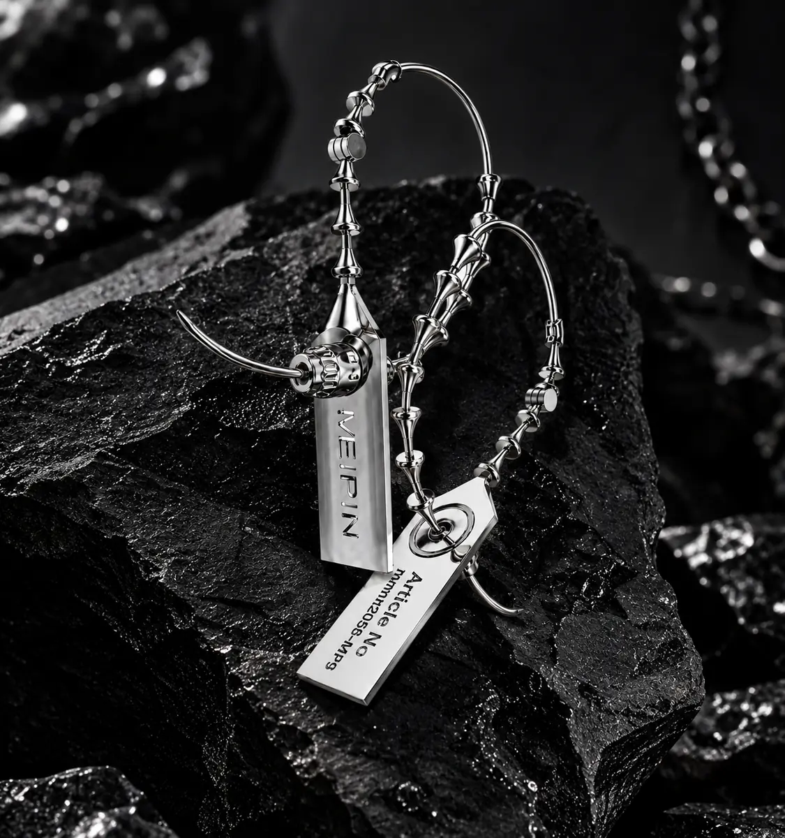 Industrial Punk Safety Pin Tag Earrings, Asymmetrical ID Tag Dangle Earrings, Edgy Alternative Y2K Jewelry - product image