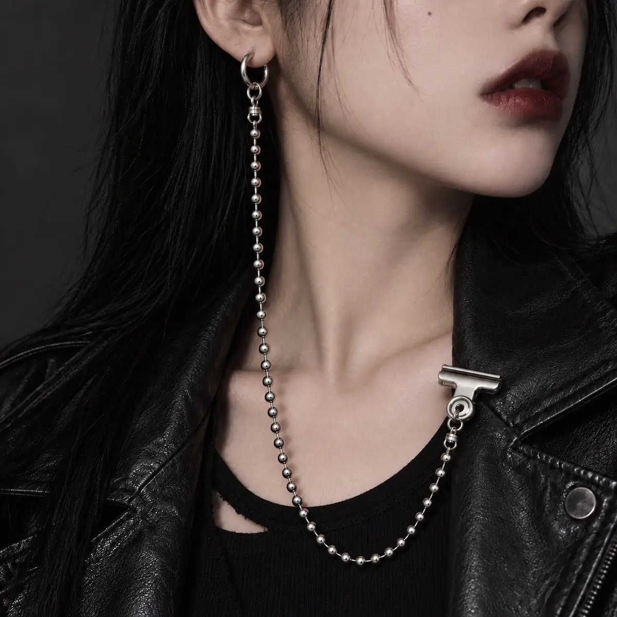 Punk Ball Chain Clip Earring, Hoop Earring with Garment Clip, Industrial Alternative Jewelry - wearing view