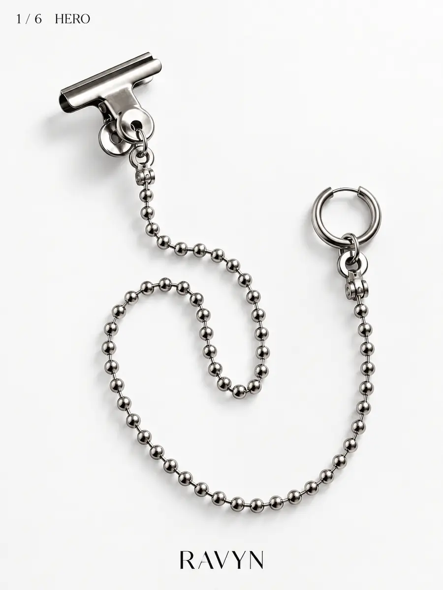 Punk Ball Chain Clip Earring, Hoop Earring with Garment Clip, Industrial Alternative Jewelry - product image