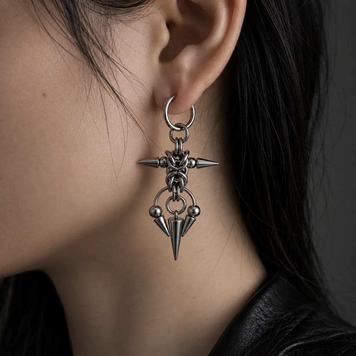 Punk Spike Horseshoe Dangle Earrings, Industrial Grunge Statement Earrings, Y2K Alternat - wearing view