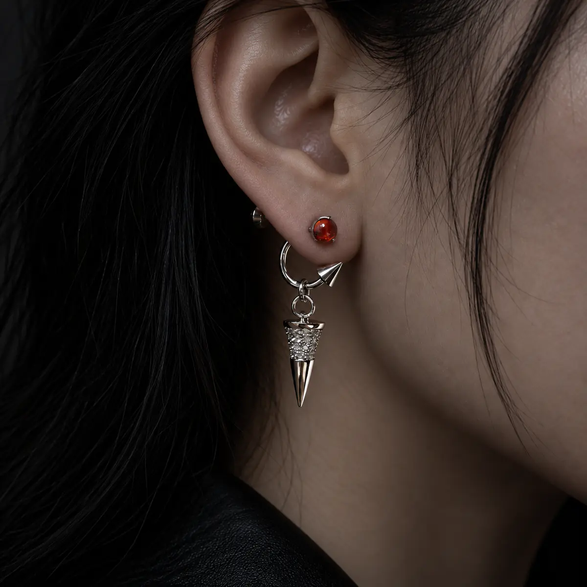 Punk Cone Spike Dangle Earrings, Crystal Stud Drop Earrings, Edgy Gothic Alternative Unisex Jewelry - wearing view