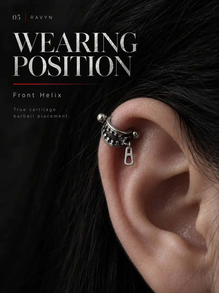 Zipper Charm Cartilage Barbell, Titanium Steel Helix Piercing Earring, Punk Industrial Alternative Ear Jewelry - product image