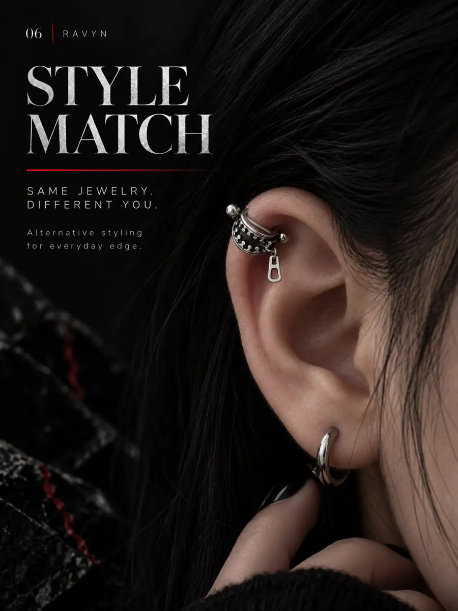 Zipper Charm Cartilage Barbell, Titanium Steel Helix Piercing Earring, Punk Industrial Alternative Ear Jewelry - product image