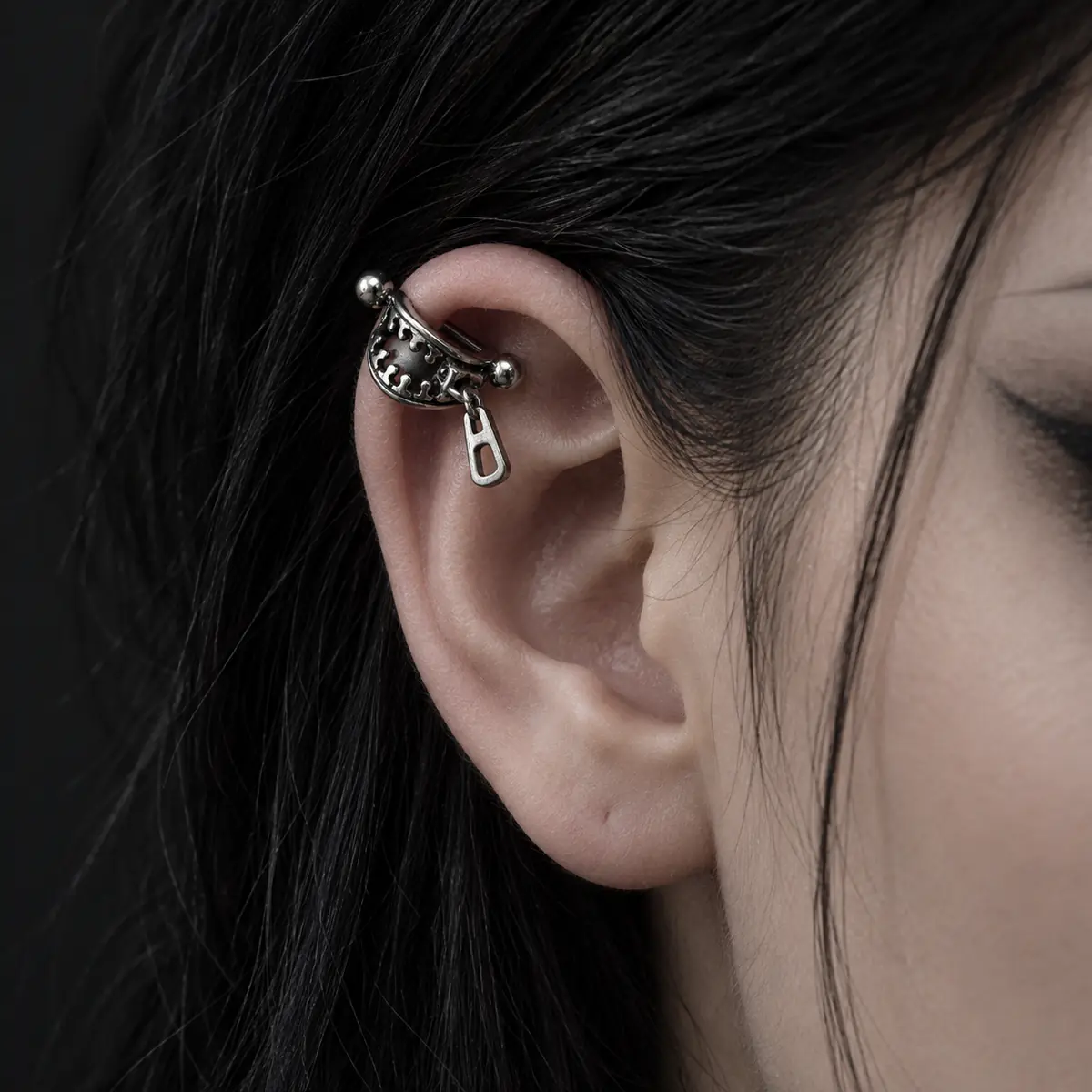 Zipper Charm Cartilage Barbell, Titanium Steel Helix Piercing Earring, Punk Industrial Alternative Ear Jewelry - wearing view