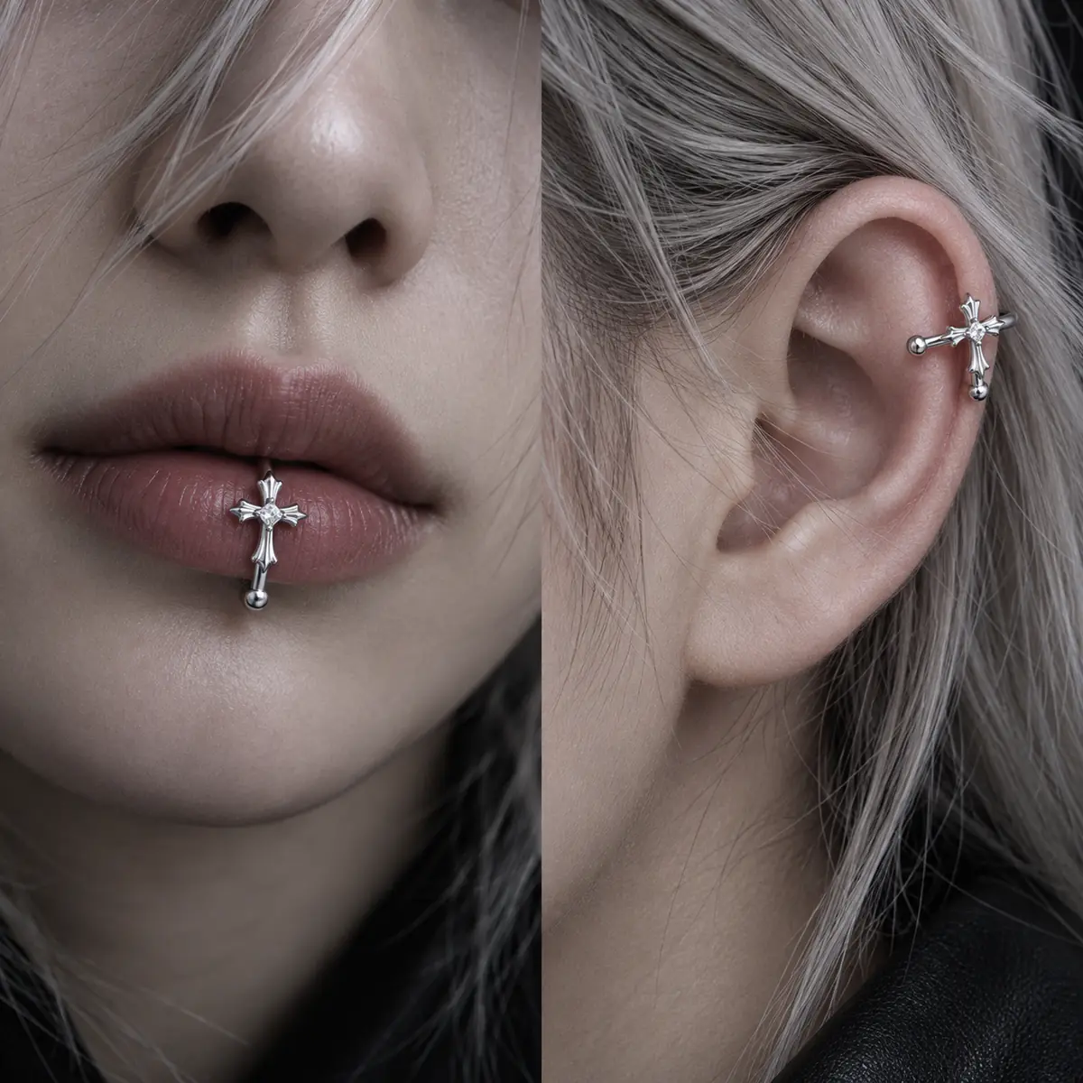 Cross Lip Cuff & Ear Cuff, No Piercing Fake Lip Ring, Gothic Punk Alternative Jewelry for Women & Men - product image