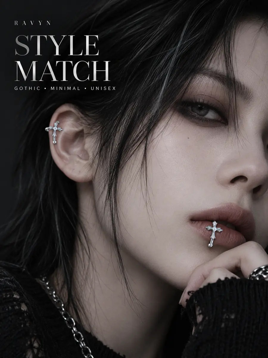 Cross Lip Cuff & Ear Cuff, No Piercing Fake Lip Ring, Gothic Punk Alternative Jewelry for Women & Men - product image