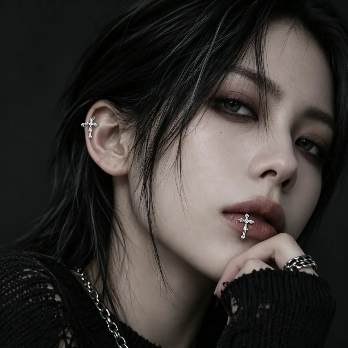 Cross Lip Cuff & Ear Cuff, No Piercing Fake Lip Ring, Gothic Punk Alternative Jewelry for Women & Men - wearing view