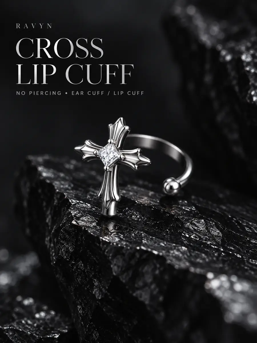 Cross Lip Cuff & Ear Cuff, No Piercing Fake Lip Ring, Gothic Punk Alternative Jewelry for Women & Men - product image