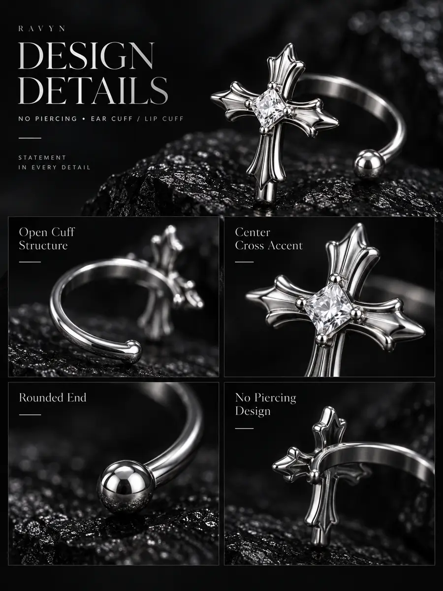 Cross Lip Cuff & Ear Cuff, No Piercing Fake Lip Ring, Gothic Punk Alternative Jewelry for Women & Men - product image